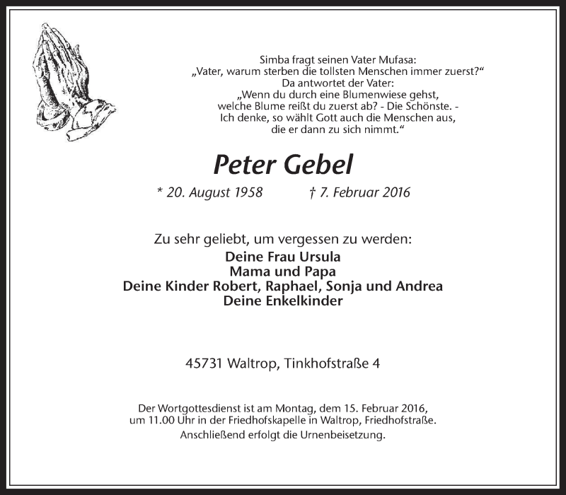  Traueranzeige für Peter Gebel vom 10.02.2016 aus Medienhaus Bauer