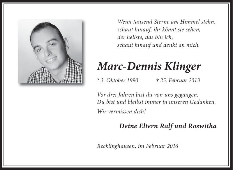  Traueranzeige für Marc-Dennis Klinger vom 25.02.2016 aus Medienhaus Bauer