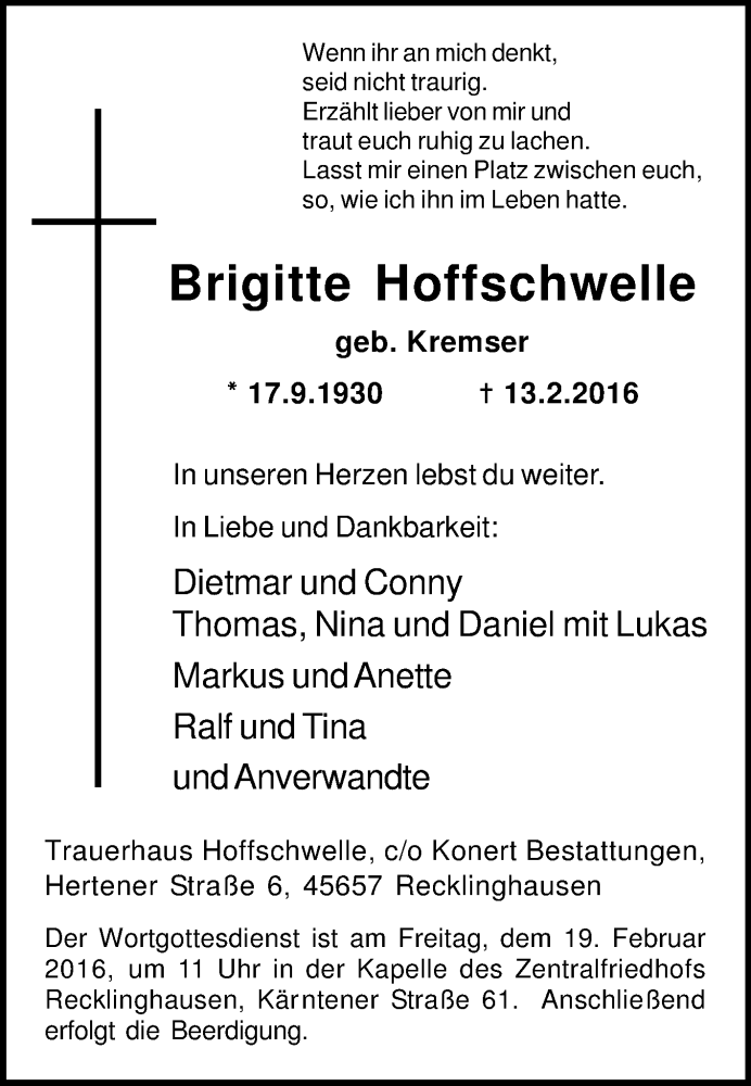  Traueranzeige für Brigitte Hoffschwelle vom 16.02.2016 aus Medienhaus Bauer