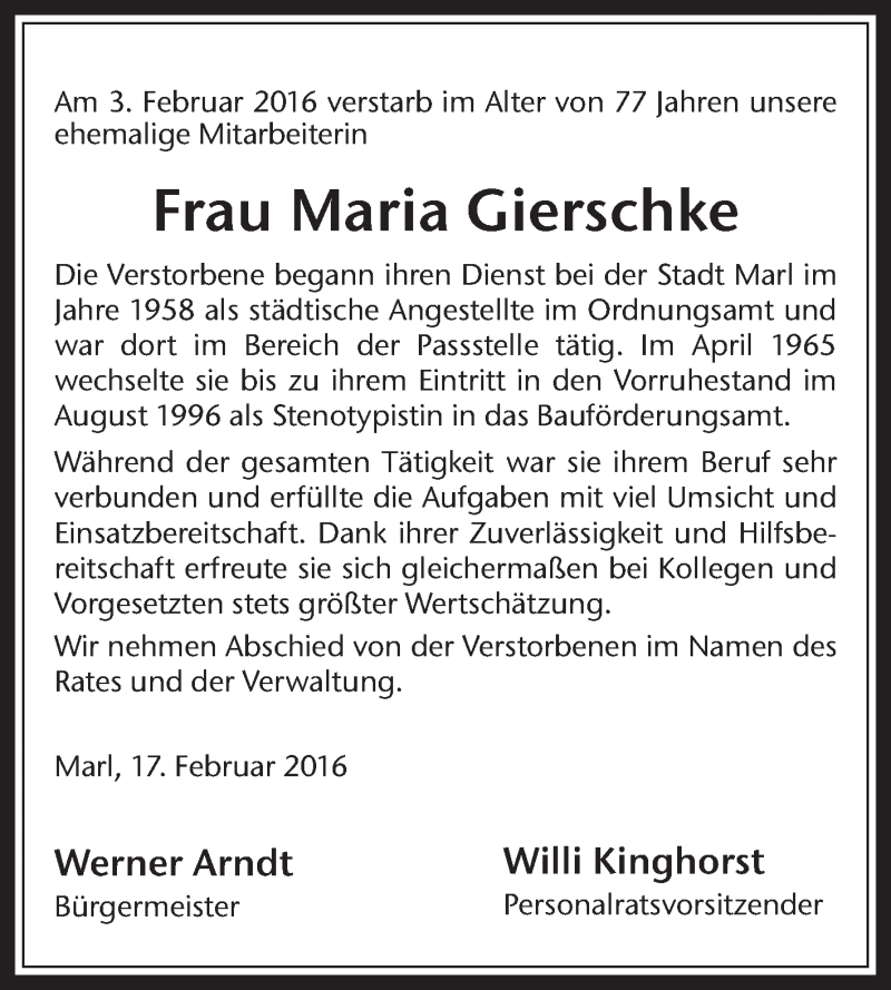  Traueranzeige für Maria Gierschke vom 18.02.2016 aus Medienhaus Bauer