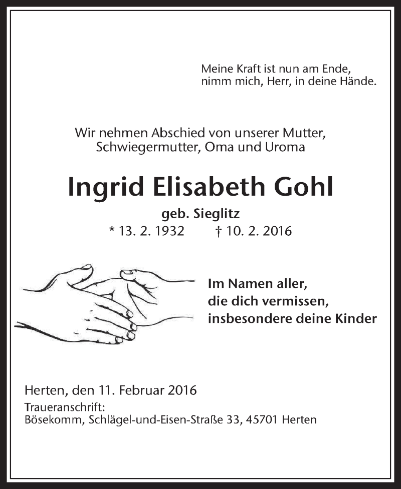  Traueranzeige für Ingrid Elisabeth Gohl vom 12.02.2016 aus Medienhaus Bauer