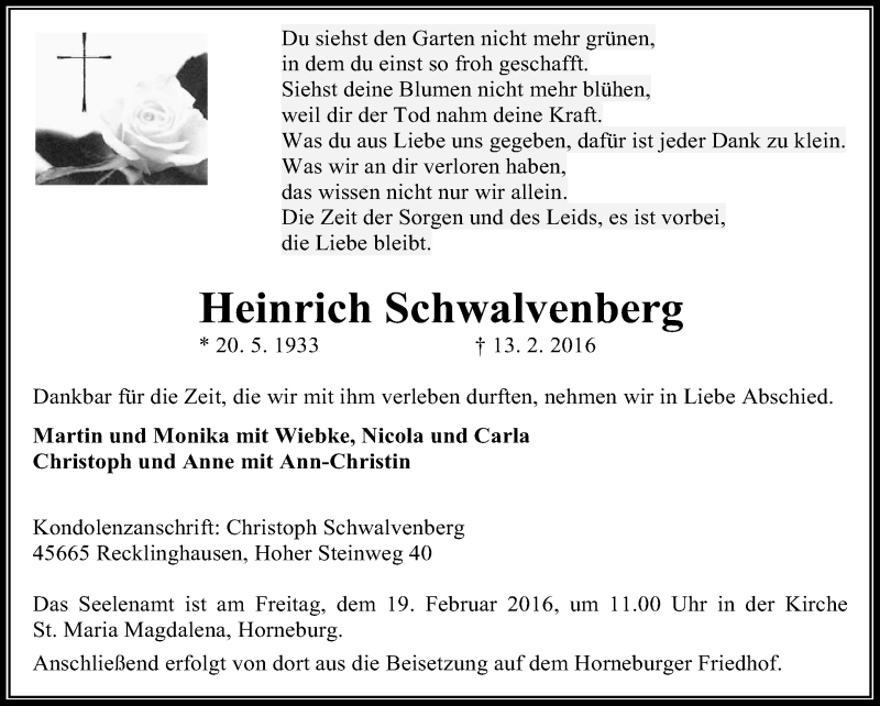  Traueranzeige für Heinrich Schwalvenberg vom 16.02.2016 aus Medienhaus Bauer