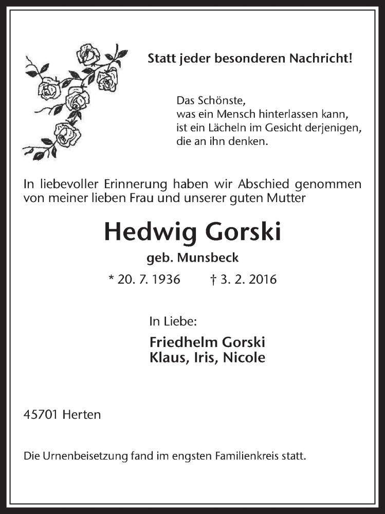  Traueranzeige für Hedwig Gorski vom 18.02.2016 aus Medienhaus Bauer