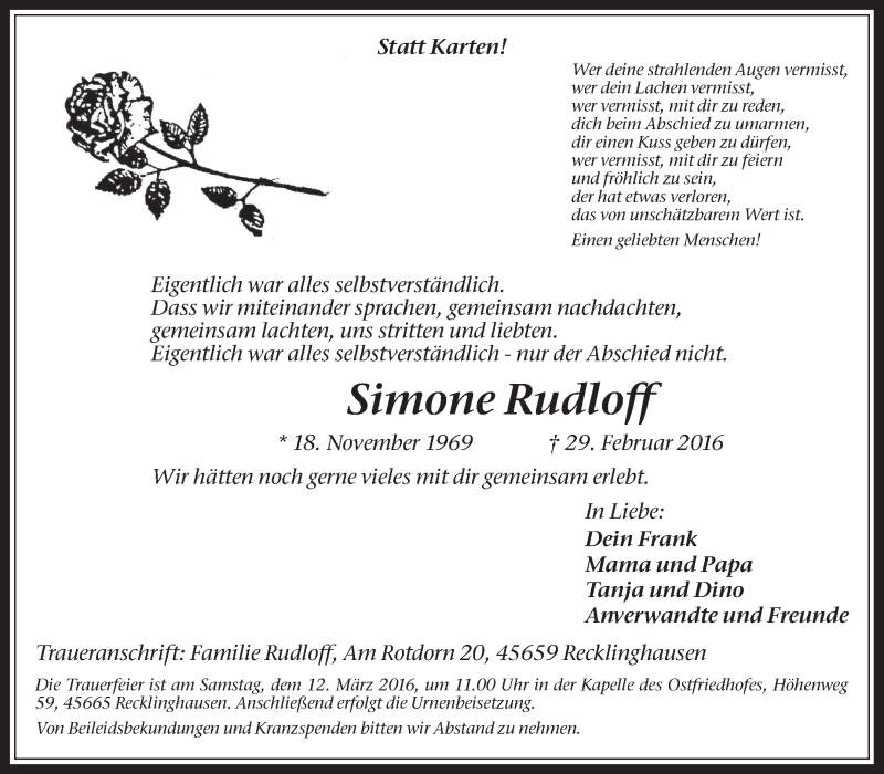  Traueranzeige für Simone Rudloff vom 07.03.2016 aus Medienhaus Bauer