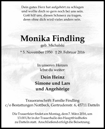Traueranzeige von Monika Findling von Medienhaus Bauer