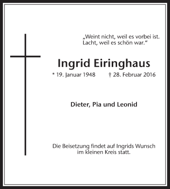 Traueranzeige von Ingrid Eiringhaus von Medienhaus Bauer