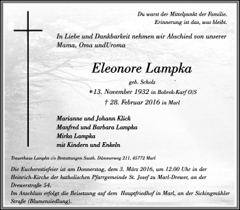 Traueranzeige von Eleonore Lampka von Medienhaus Bauer