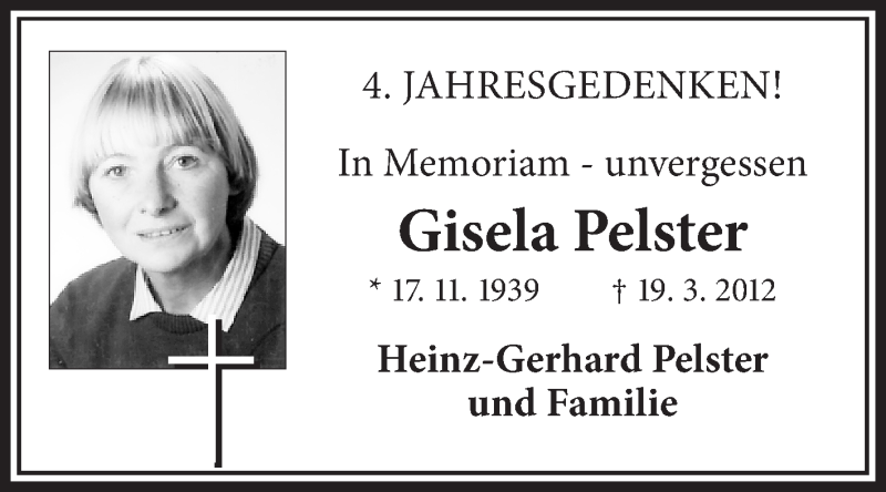  Traueranzeige für Gisela Pelster vom 19.03.2016 aus Medienhaus Bauer