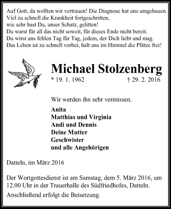 Traueranzeige von Michael Stolzenberg von Medienhaus Bauer