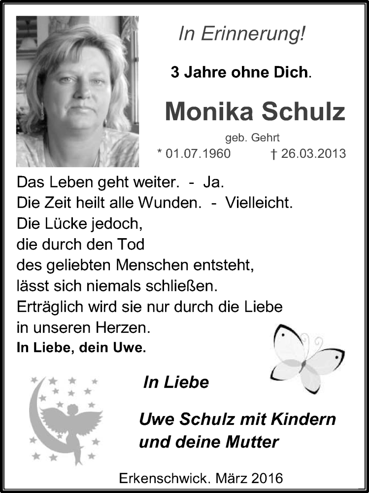  Traueranzeige für Monika Schulz vom 26.03.2016 aus Medienhaus Bauer