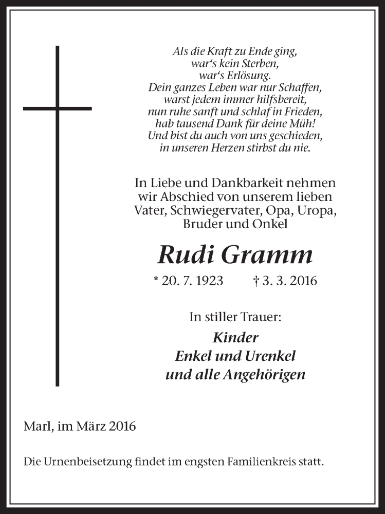  Traueranzeige für Rudi Gramm vom 04.03.2016 aus Medienhaus Bauer