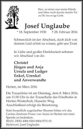 Traueranzeige von Josef Unglaube von Medienhaus Bauer