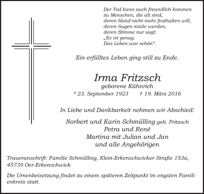  Traueranzeige für Irma Fritzsch vom 22.03.2016 aus Medienhaus Bauer