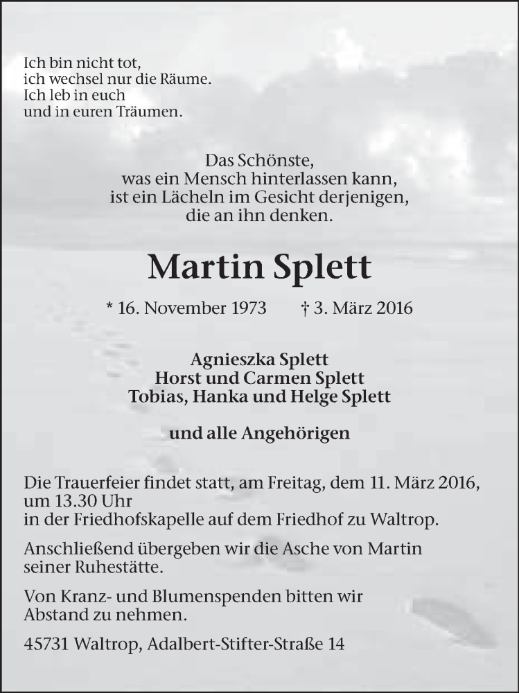  Traueranzeige für Martin Splett vom 07.03.2016 aus Medienhaus Bauer