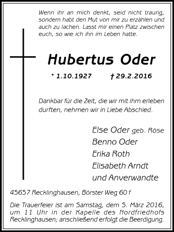 Traueranzeige von Hubertus Oder von Medienhaus Bauer