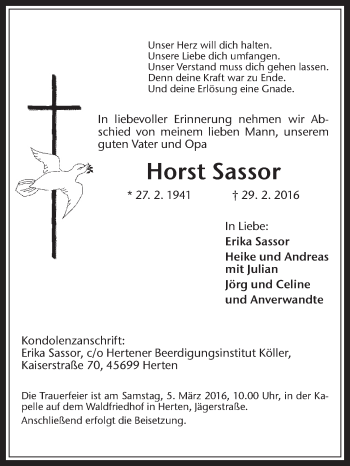 Traueranzeige von Horst Sassor von Medienhaus Bauer