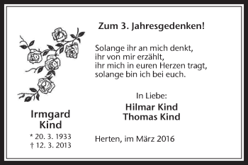 Traueranzeige von Irmgard Kind von Medienhaus Bauer
