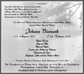 Traueranzeige von Johann Biernath von Medienhaus Bauer