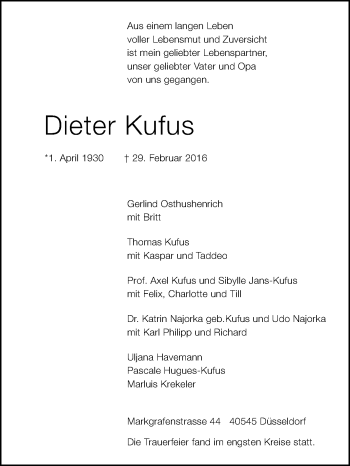 Traueranzeige von Dieter Kufus von Medienhaus Bauer