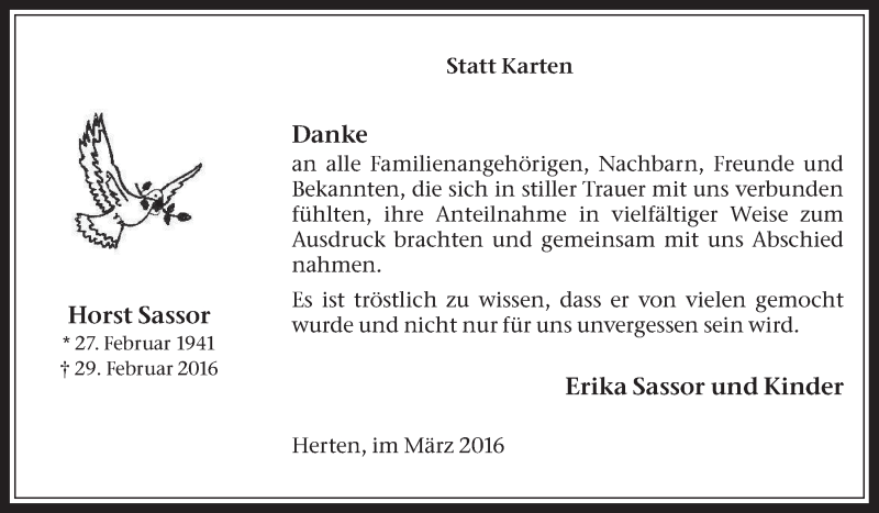  Traueranzeige für Horst Sassor vom 26.03.2016 aus Medienhaus Bauer