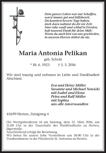 Traueranzeige von Maria Antonia Pelikan von Medienhaus Bauer
