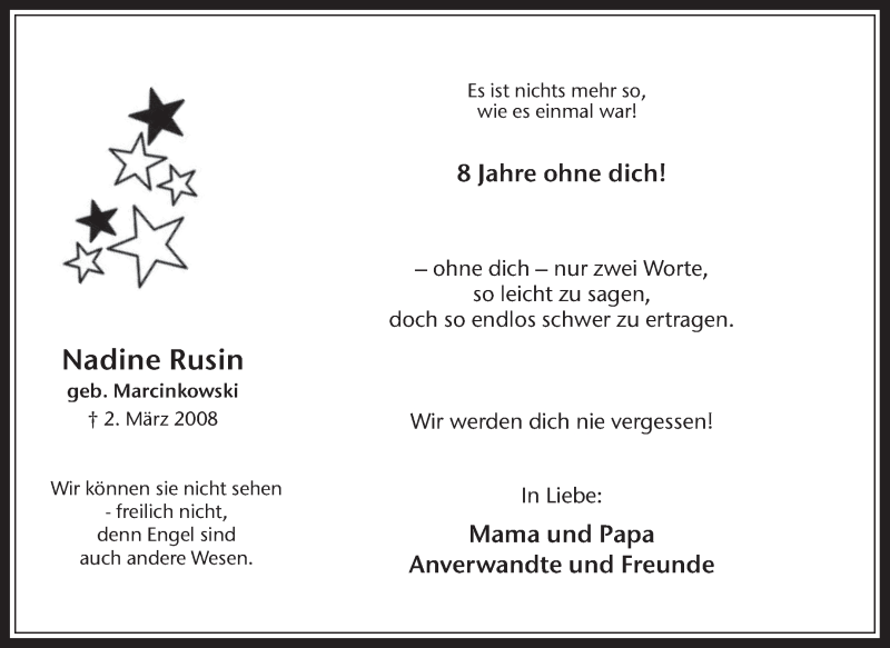  Traueranzeige für Nadine Rusin vom 02.03.2016 aus Medienhaus Bauer