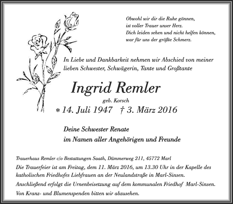  Traueranzeige für Ingrid Remler vom 09.03.2016 aus Medienhaus Bauer