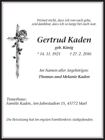 Traueranzeige von Gertrud Kaden von Medienhaus Bauer