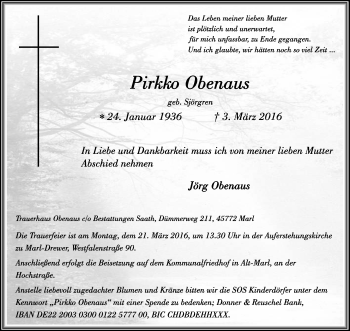 Traueranzeige von Pirkko Obenaus von Medienhaus Bauer