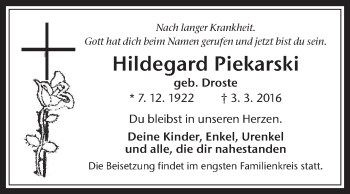 Traueranzeige von Hildegard Piekarski von Medienhaus Bauer