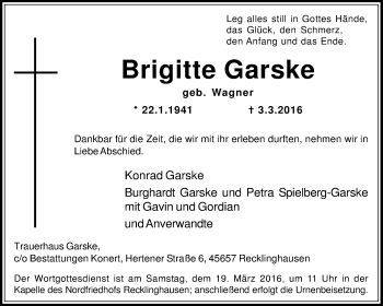 Traueranzeige von Brigitte Garske von Medienhaus Bauer