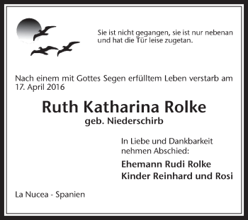 Traueranzeige von Ruth Katharina Rolke von Medienhaus Bauer