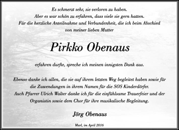 Traueranzeige von Pirkko Obenaus von Medienhaus Bauer