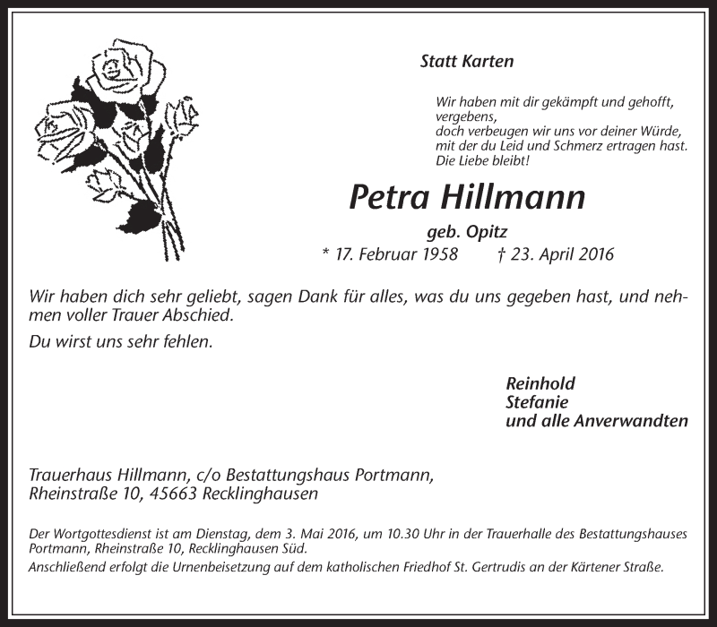  Traueranzeige für Petra Hillmann vom 27.04.2016 aus Medienhaus Bauer