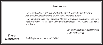 Traueranzeige von Doris Hetmann von Medienhaus Bauer