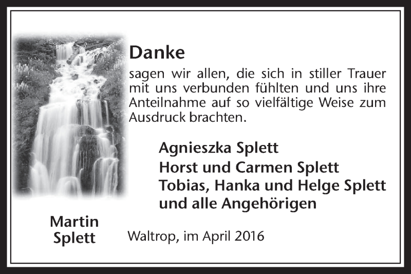  Traueranzeige für Martin Splett vom 15.04.2016 aus Medienhaus Bauer