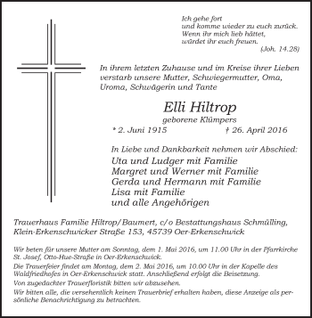Traueranzeige von Elli Hiltrop von Medienhaus Bauer