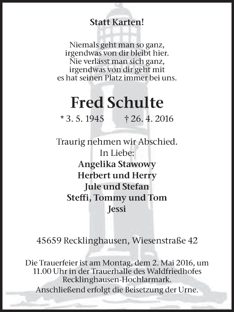 Traueranzeige für Fred Schulte vom 28.04.2016 aus Medienhaus Bauer