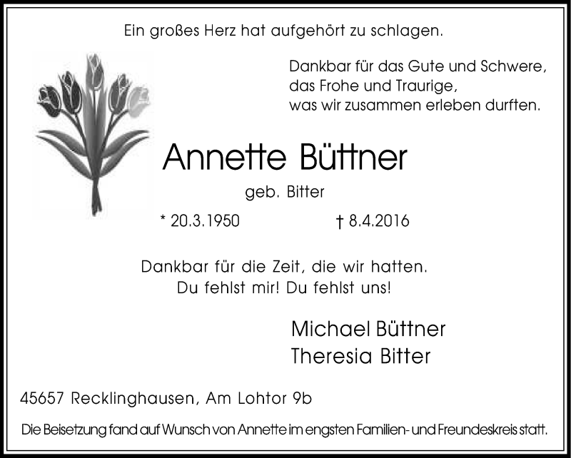  Traueranzeige für Annette Büttner vom 14.04.2016 aus Medienhaus Bauer