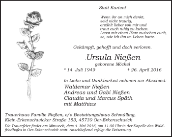 Traueranzeige von Ursula Nießen von Medienhaus Bauer
