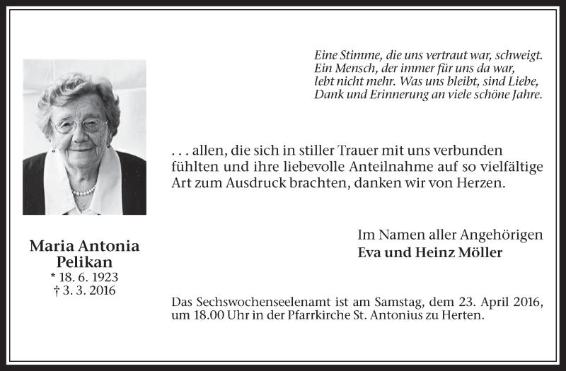  Traueranzeige für Maria Antonia Pelikan vom 16.04.2016 aus Medienhaus Bauer