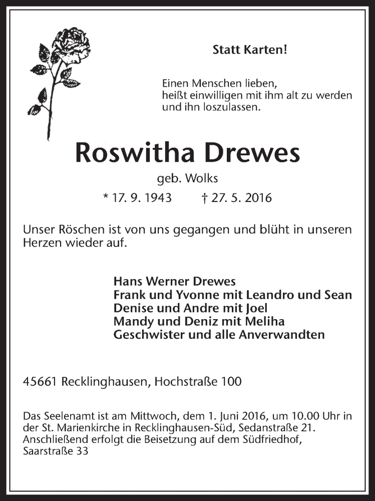 Traueranzeige für Roswitha Drewes vom 30.05.2016 aus Medienhaus Bauer
