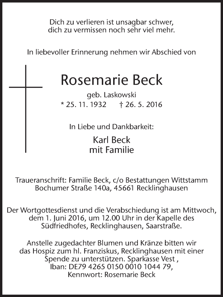  Traueranzeige für Rosemarie Beck vom 28.05.2016 aus Medienhaus Bauer