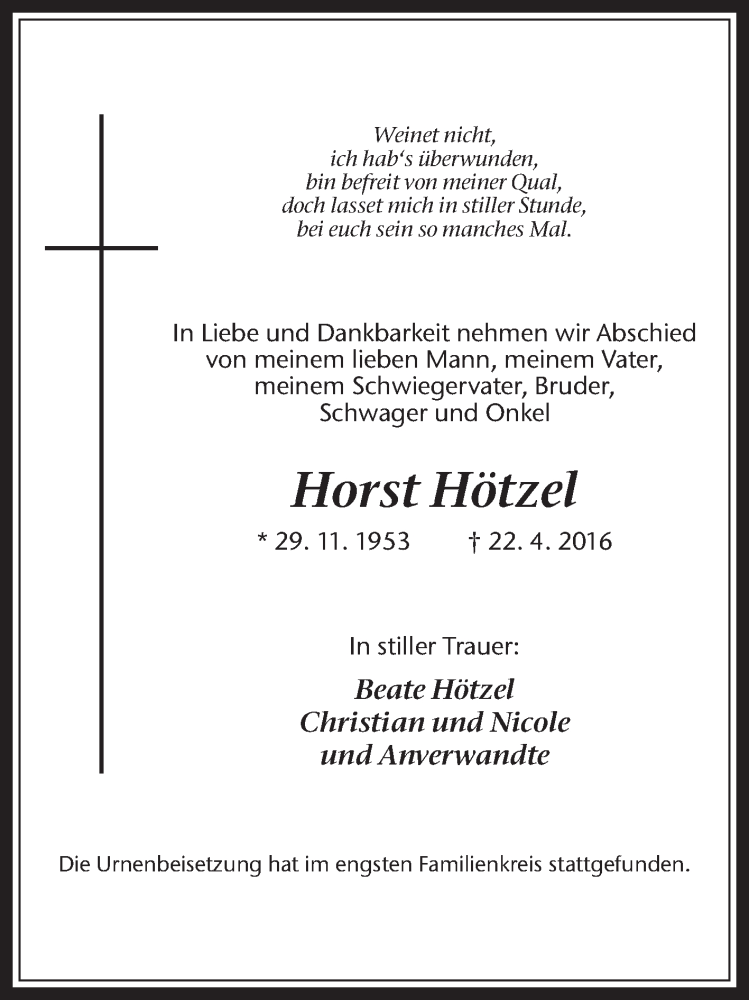  Traueranzeige für Horst Hötzel vom 19.05.2016 aus Medienhaus Bauer