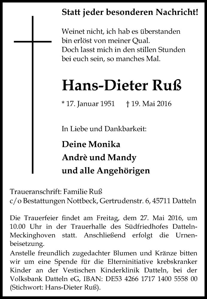  Traueranzeige für Hans-Dieter Ruß vom 25.05.2016 aus Medienhaus Bauer