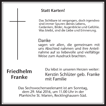 Traueranzeige von Friedhelm Franke von Medienhaus Bauer