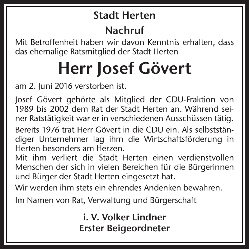  Traueranzeige für Josef Gövert vom 09.06.2016 aus Medienhaus Bauer
