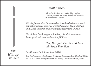 Traueranzeige von Elli Hiltrop von Medienhaus Bauer