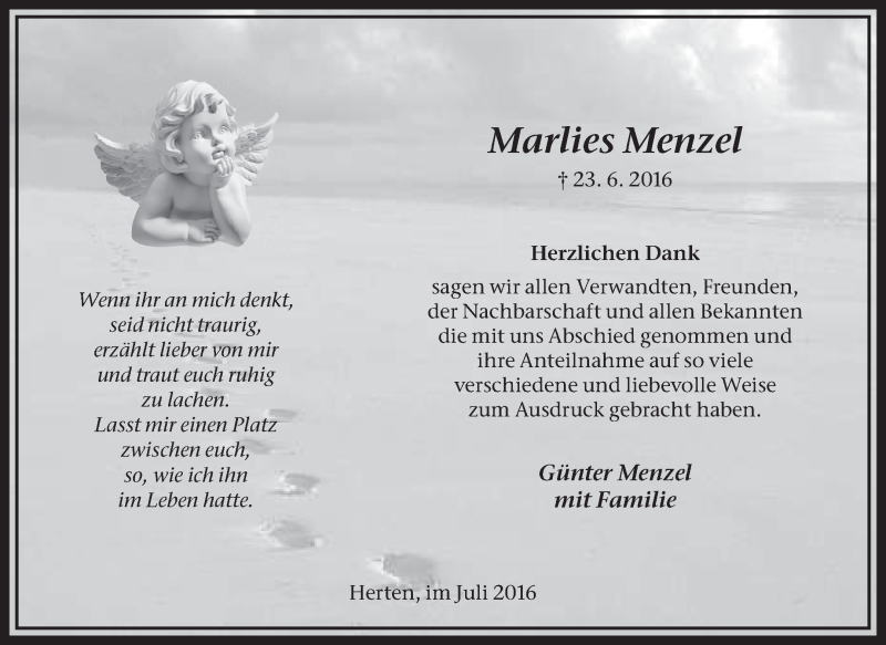  Traueranzeige für Marlies Menzel vom 23.07.2016 aus Medienhaus Bauer