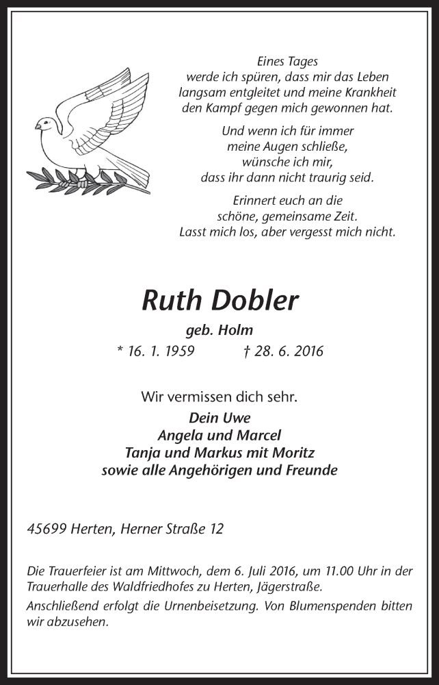  Traueranzeige für Ruth Dobler vom 02.07.2016 aus Medienhaus Bauer